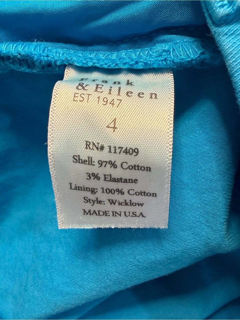 Frank & Eileen Wicklow Pants 4 Aqua Blue Raw Hem Cotton Stretch Chino Ankle